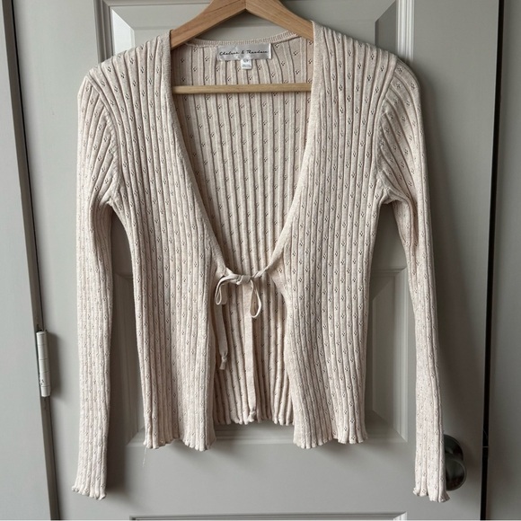 Chelsea & Theodore Long Sleeve Pointelle Knit Tie Front Sweater Size Small - Picture 1 of 5